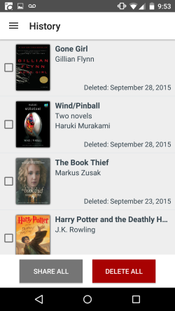 The title history list in OverDrive for Android.