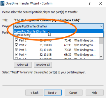 Player drop-down menu in the Transfer Wizard