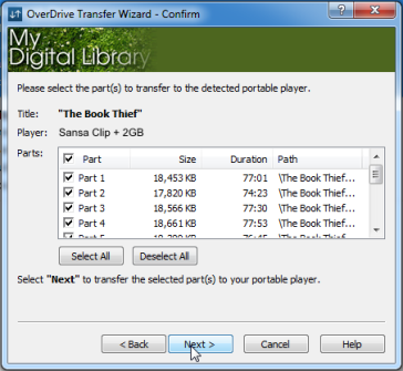 Selecting parts to transfer in the Transfer Wizard. See instrucitons above.