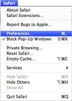 The Mac-based Safari menu open.  The Preferences menu item is highlighted.