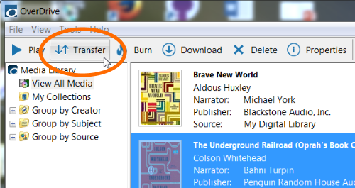 Bouton Transfer (Transfert) dans OverDrive pour Windows. Voir les instructions ci-dessus.