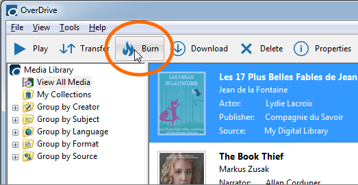 The Burn button in OverDrive for Windows. See instructions above.